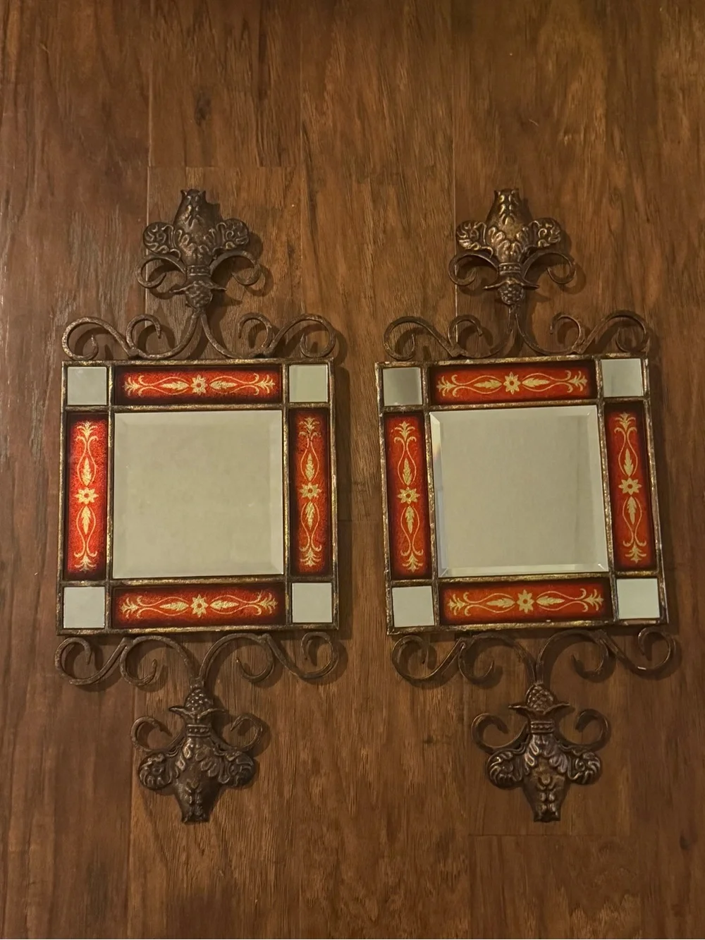 Vintage Ornate Spanish Style Wall Mirror Set, Red, Bronze, Gold